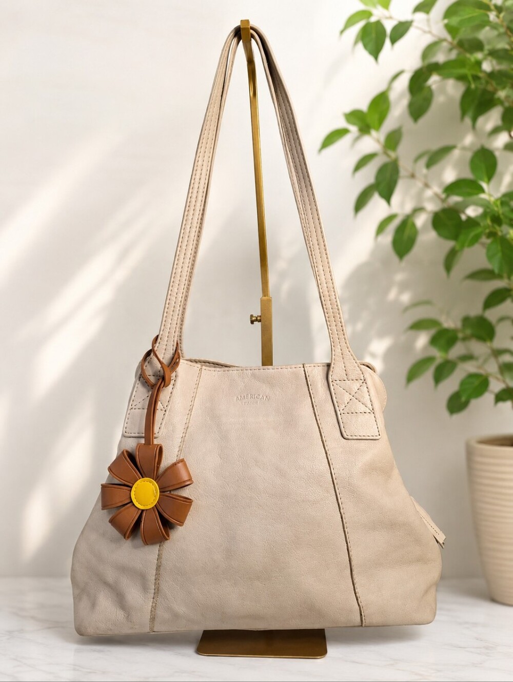 American Leather Co Liberty Shopper Ivory Leather Triple Entry Shoulder Bag